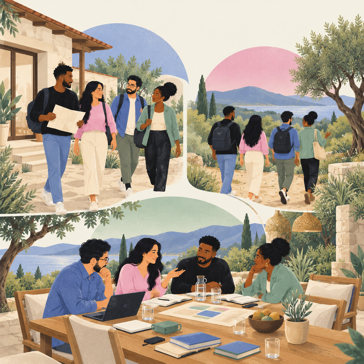 A group away from the office for three days, walking together and working on a plan at a table.
