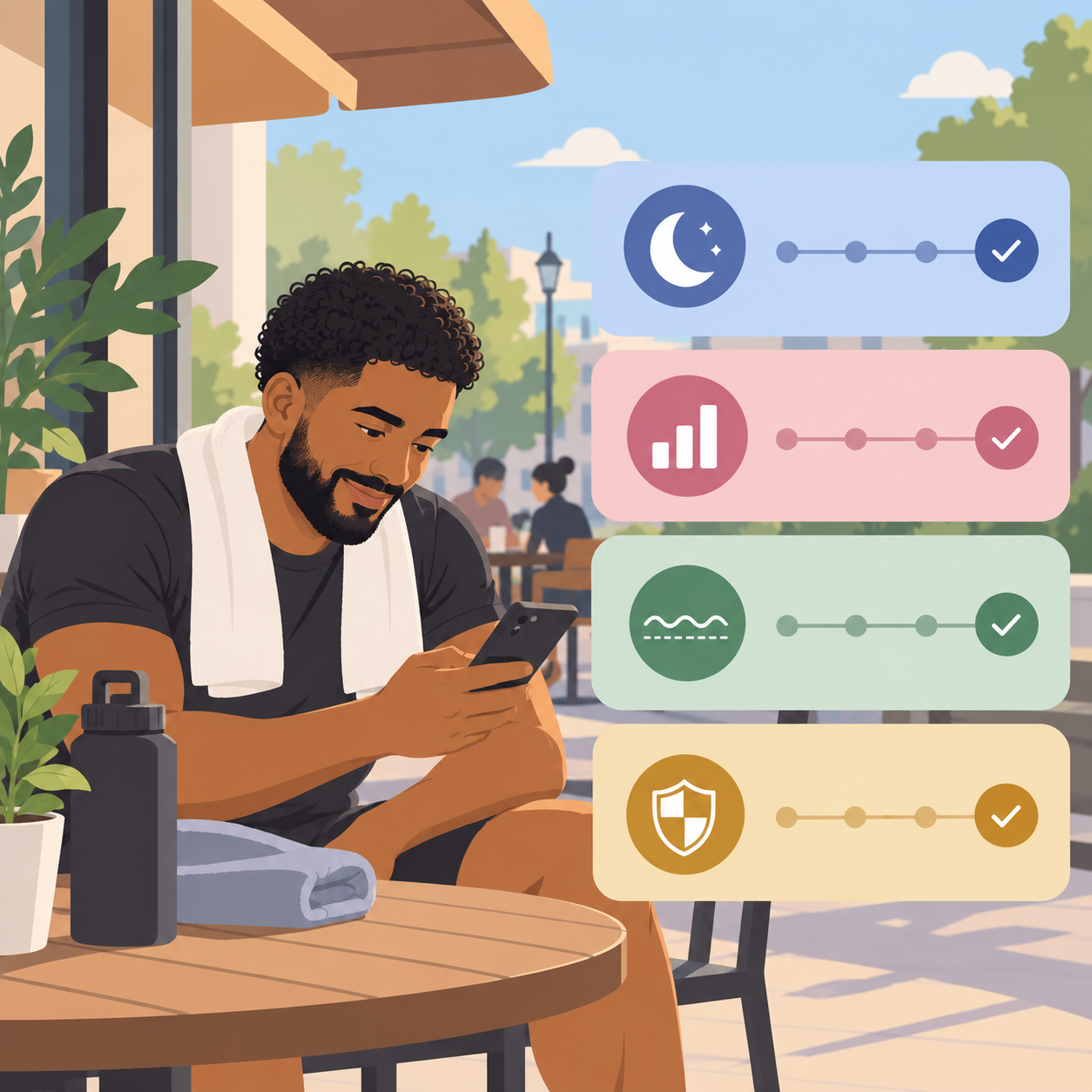 A person using B⁴ App between visits, with short courses for the day.
