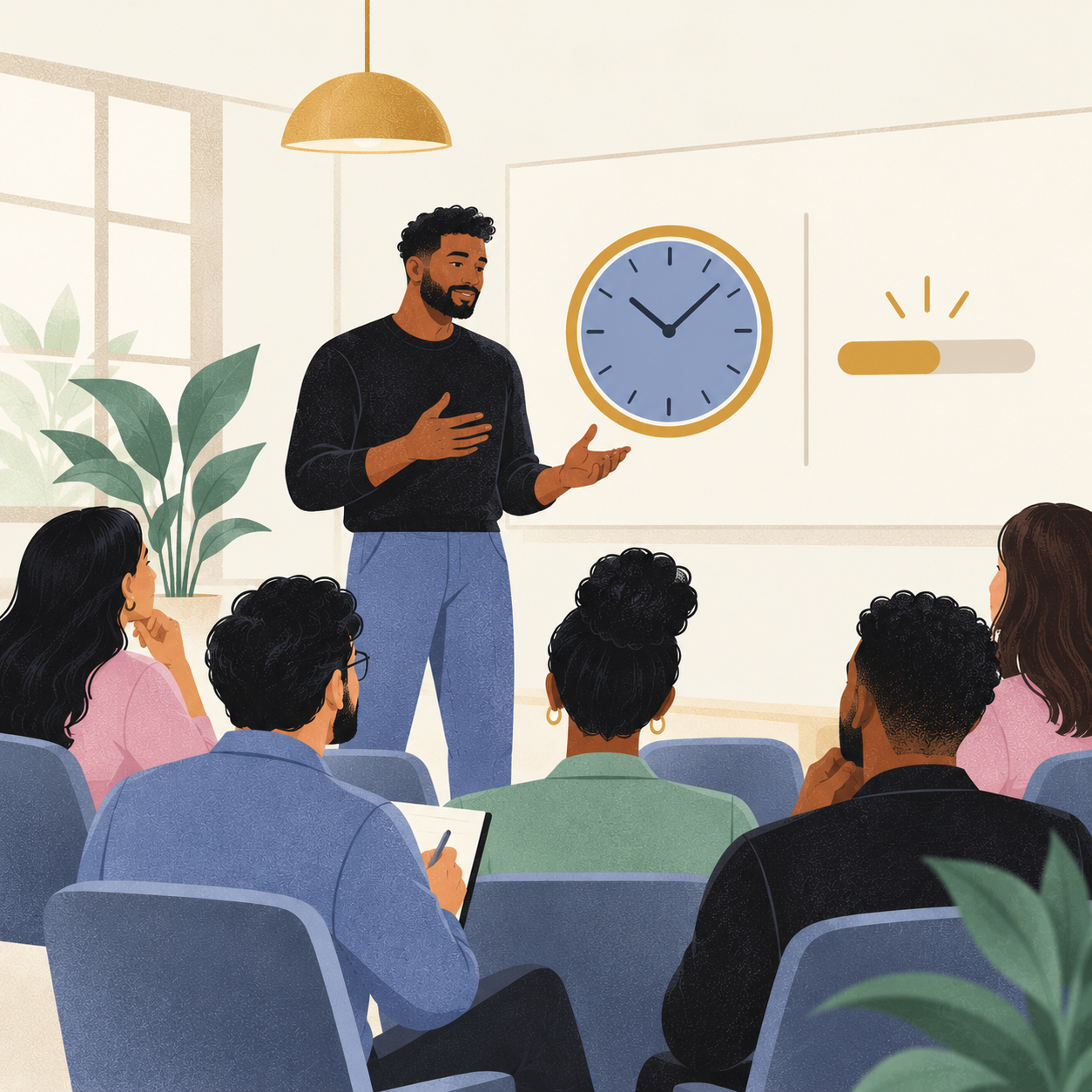 A speaker talking to a seated room about how long clear thinking lasts in a working day.